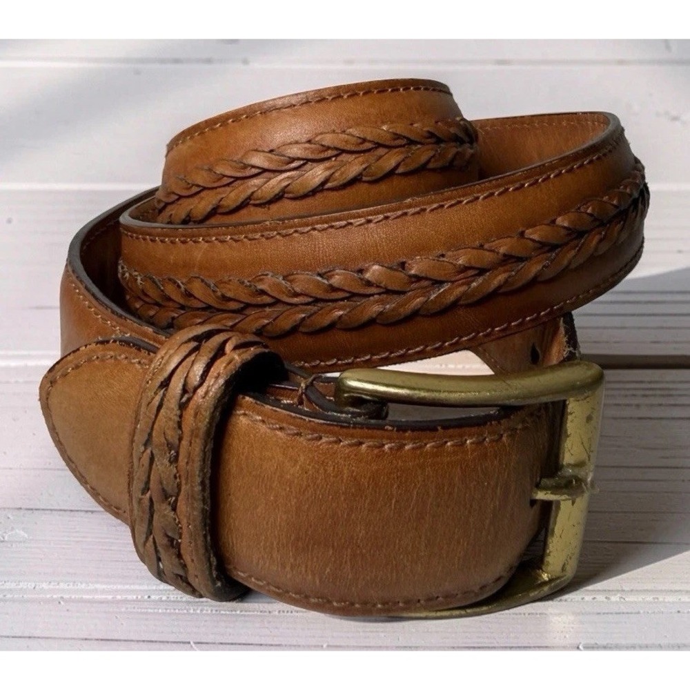 Coach 5913 Men's Braided Leather Belt British Tan Solid Brass 32in 80cm Cowhide